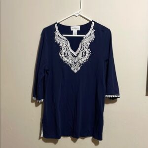 Peck & Peck Dark Blue Tunic with White Embroidery. Size large.
